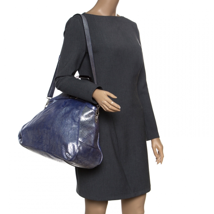 Pre Owned Celine Silver/Blue Textured Leather Top Handle Bag