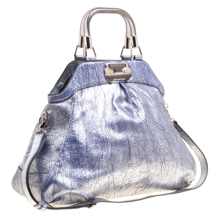 Pre Owned Celine Silver/Blue Textured Leather Top Handle Bag