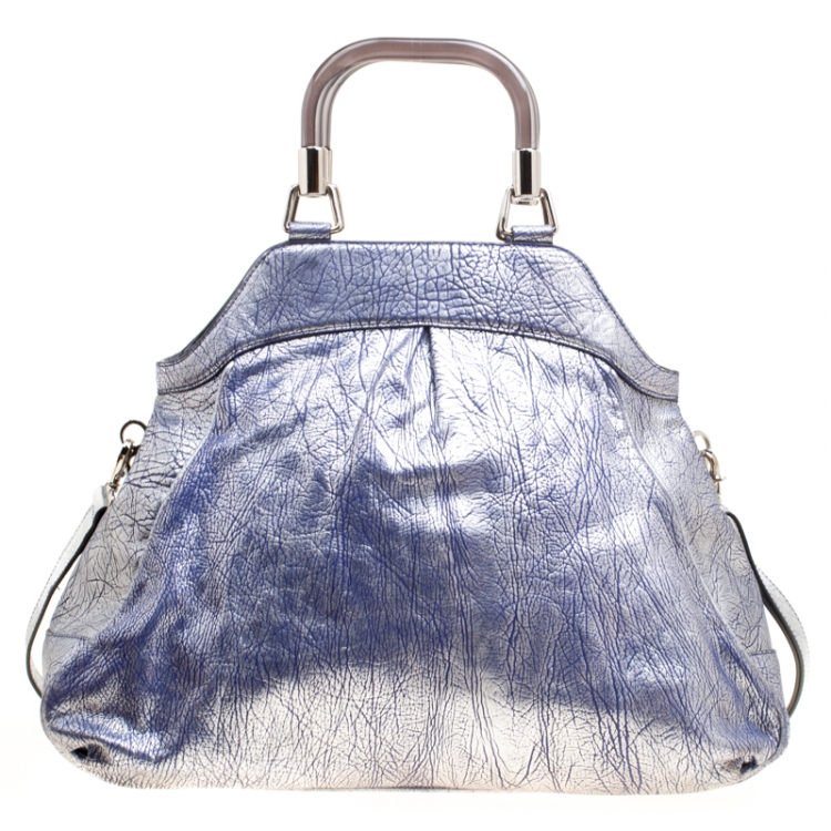 Pre Owned Celine Silver/Blue Textured Leather Top Handle Bag