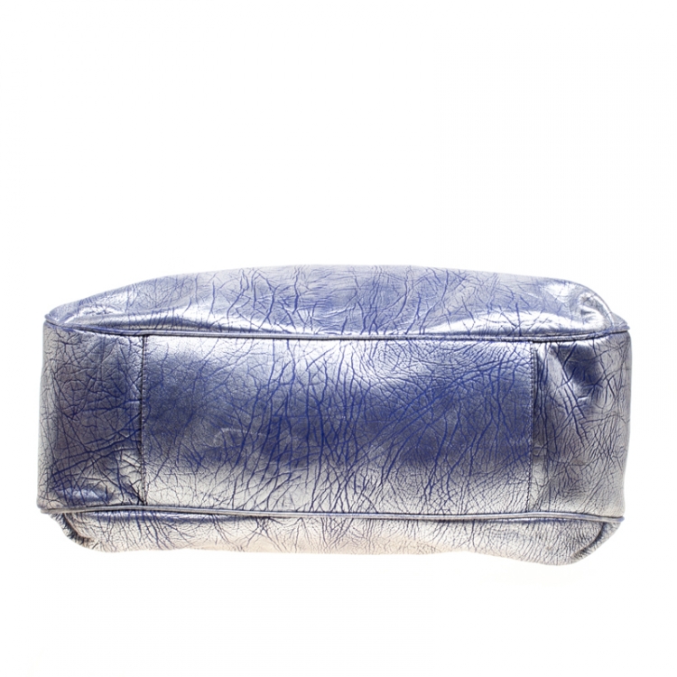 Pre Owned Celine Silver/Blue Textured Leather Top Handle Bag
