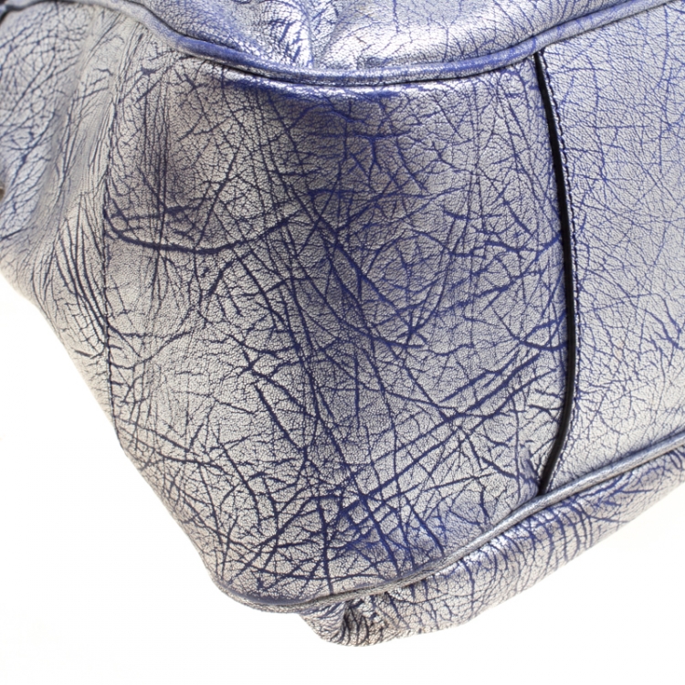 Pre Owned Celine Silver/Blue Textured Leather Top Handle Bag