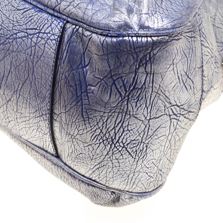 Pre Owned Celine Silver/Blue Textured Leather Top Handle Bag