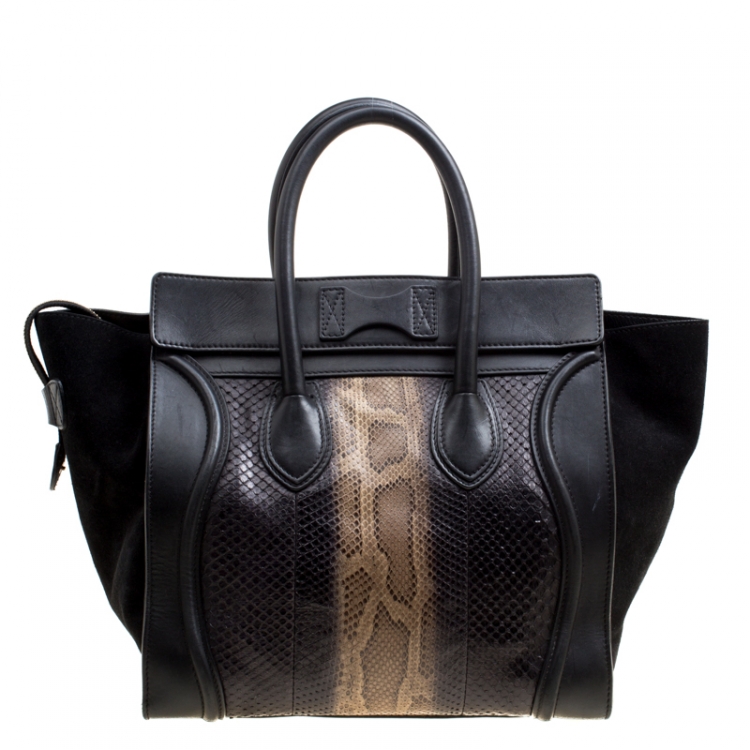 Pre Owned Celine Black Python and Suede Mini Luggage Tote