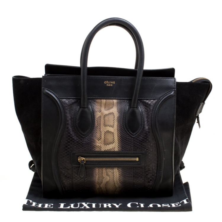 Pre Owned Celine Black Python and Suede Mini Luggage Tote
