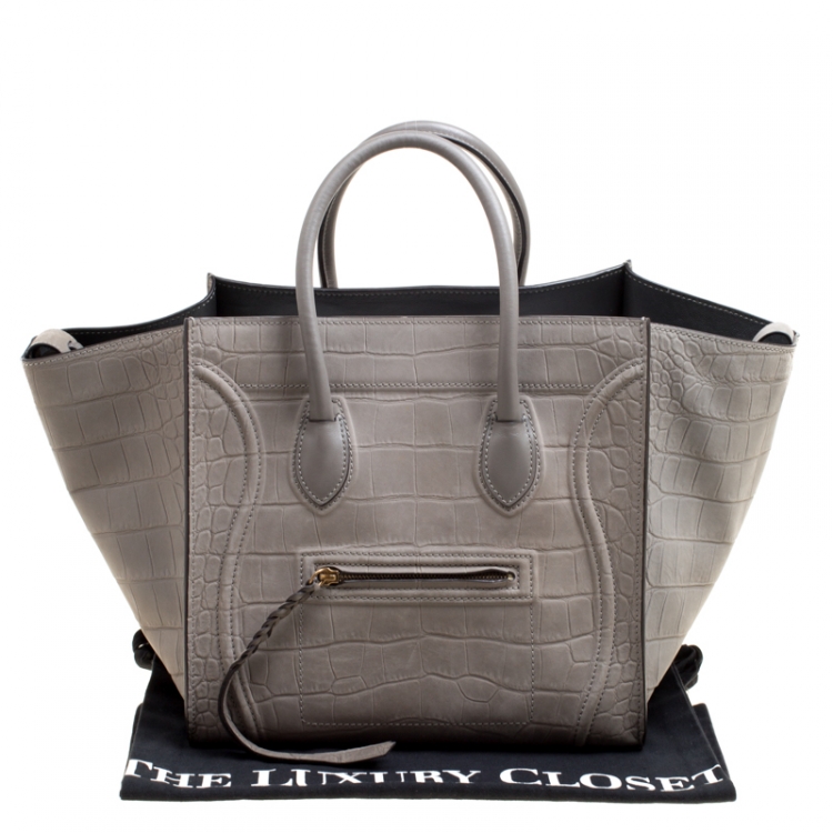 Pre Owned Celine Grey Croc Embossed Leather Small Phantom Luggage Tote