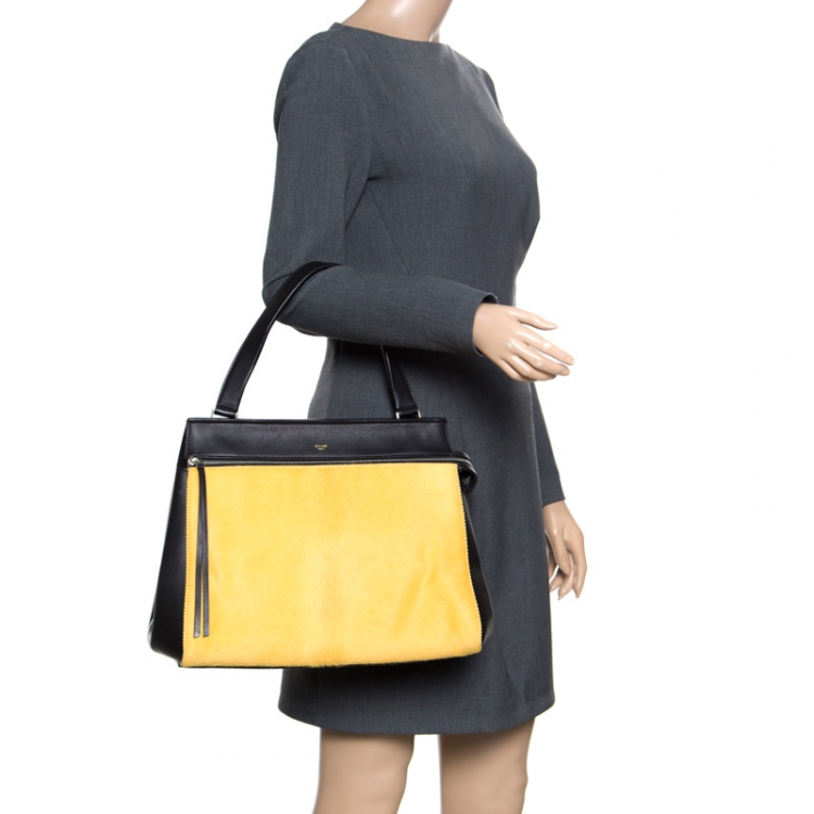 Pre Owned Celine Black/Yellow Leather and Calf Hair Medium Edge Bag