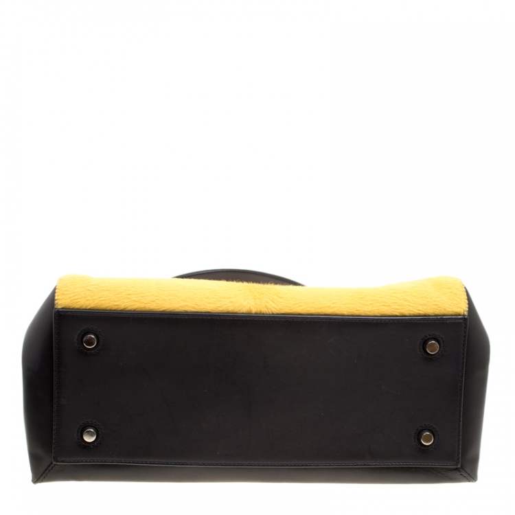 Pre Owned Celine Black/Yellow Leather and Calf Hair Medium Edge Bag