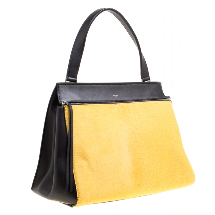 Pre Owned Celine Black/Yellow Leather and Calf Hair Medium Edge Bag