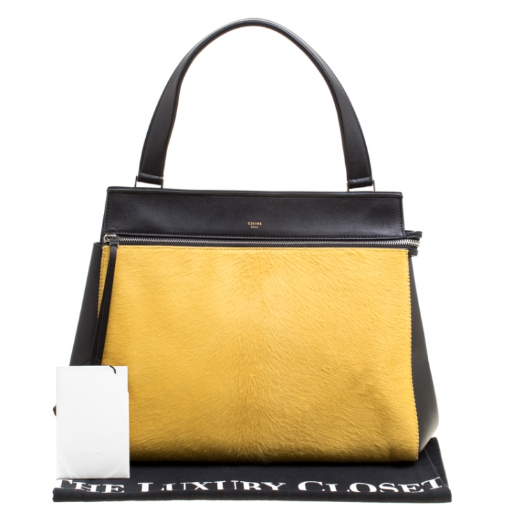 Pre Owned Celine Black/Yellow Leather and Calf Hair Medium Edge Bag