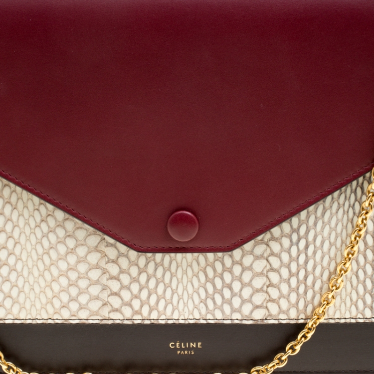 Pre Owned Celine Tri Color Leather and Snakeskin Envelope Chain Clutch