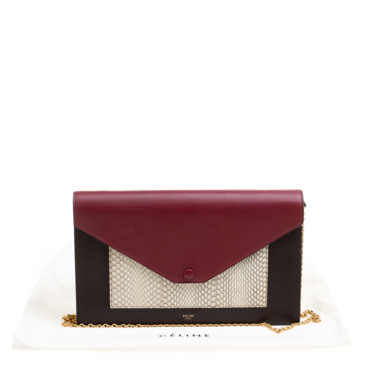 Pre Owned Celine Tri Color Leather and Snakeskin Envelope Chain Clutch