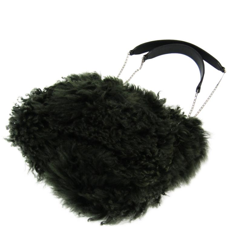 Pre Owned Celine Dark Green Shearling Small Chain Bag 