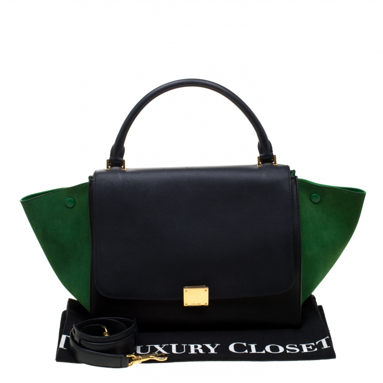 Pre Owned Celine Black/Green Leather and Suede Medium Trapeze Tote