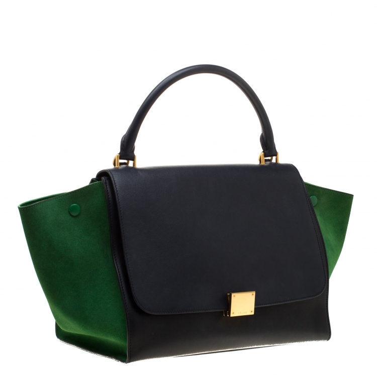 Pre Owned Celine Black/Green Leather and Suede Medium Trapeze Tote