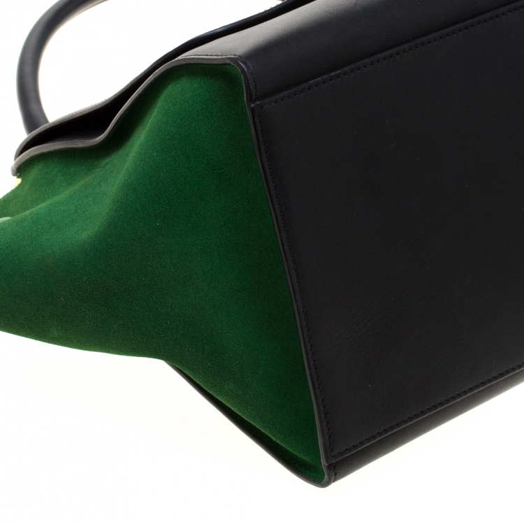 Pre Owned Celine Black/Green Leather and Suede Medium Trapeze Tote