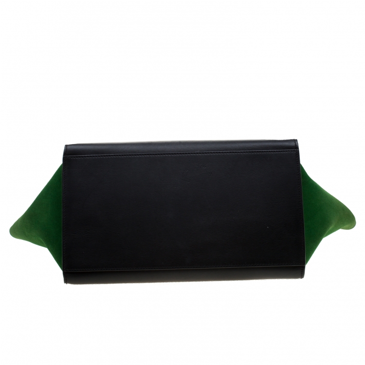 Pre Owned Celine Black/Green Leather and Suede Medium Trapeze Tote