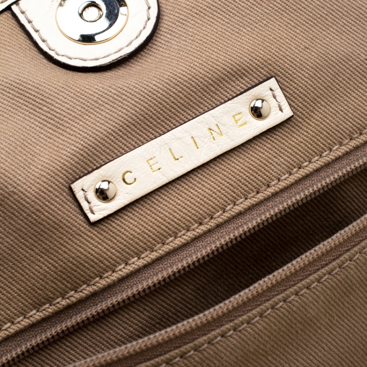 Pre Owned Celine Beige/Off White Macadam Canvas And Croc Embossed Shopper Tote 