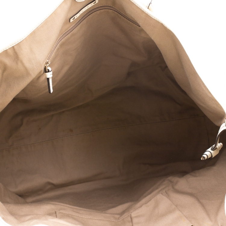 Pre Owned Celine Beige/Off White Macadam Canvas And Croc Embossed Shopper Tote 