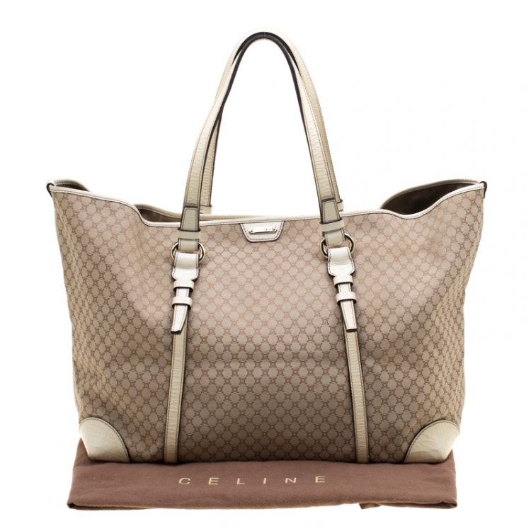 Pre Owned Celine Beige/Off White Macadam Canvas And Croc Embossed Shopper Tote 