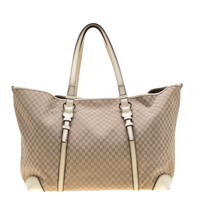 Pre Owned Celine Beige/Off White Macadam Canvas And Croc Embossed Shopper Tote 