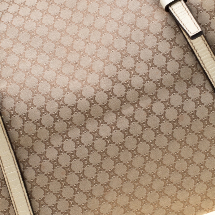 Pre Owned Celine Beige/Off White Macadam Canvas And Croc Embossed Shopper Tote 