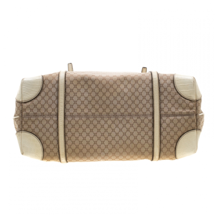 Pre Owned Celine Beige/Off White Macadam Canvas And Croc Embossed Shopper Tote 