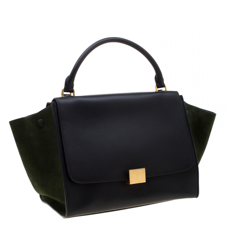 Pre Owned Celine Black/Green Leather and Suede Medium Trapeze Tote