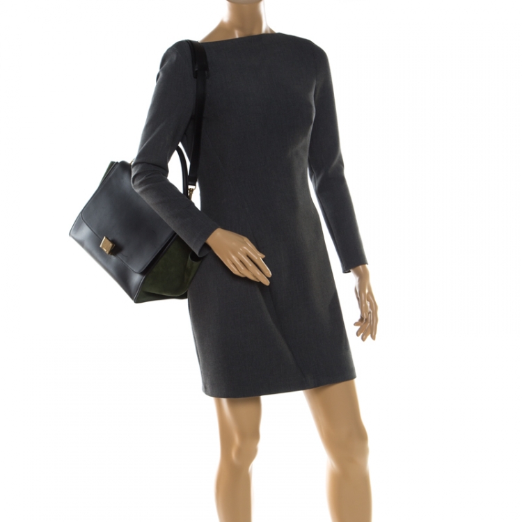 Pre Owned Celine Black/Green Leather and Suede Medium Trapeze Tote