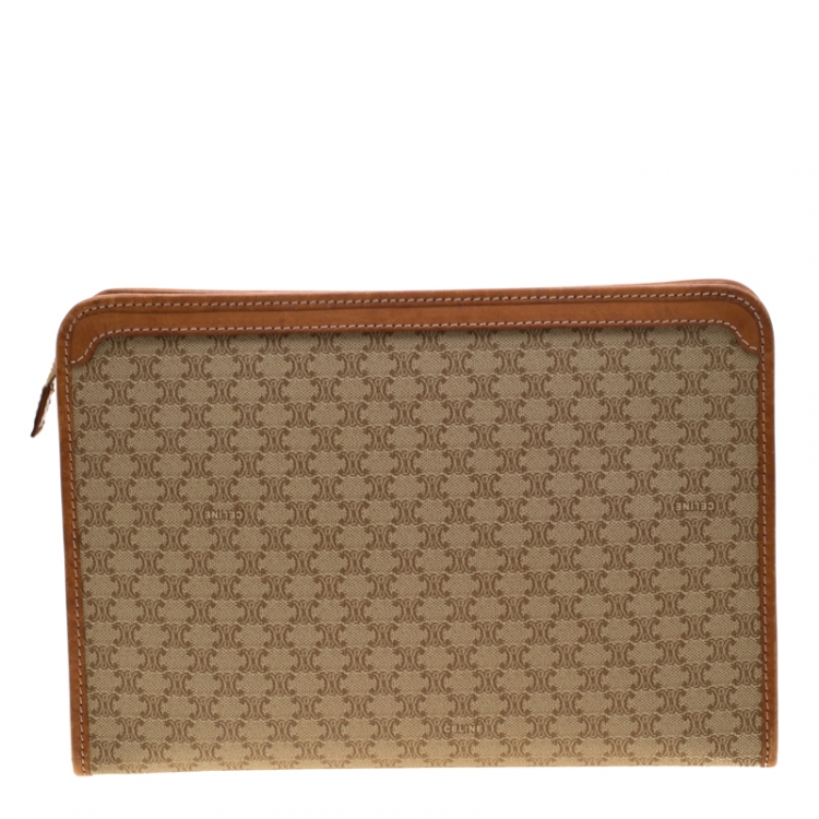 Pre Owned Celine Beige/Tan Coated Canvas and Leather Clutch