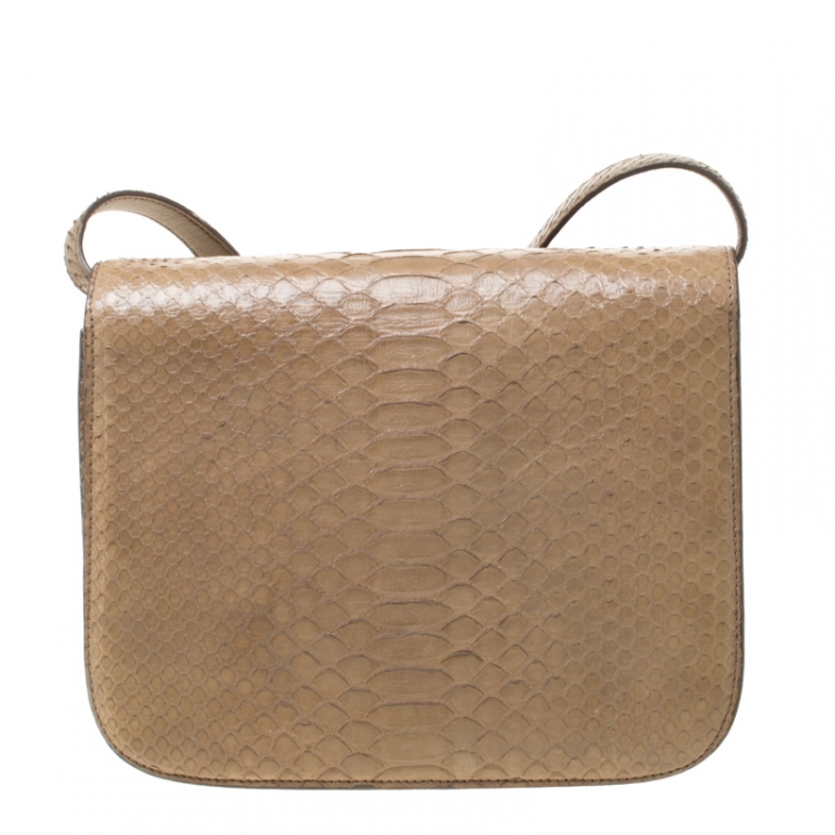 Pre Owned Celine Beige Python Medium Classic Box Shoulder Bag