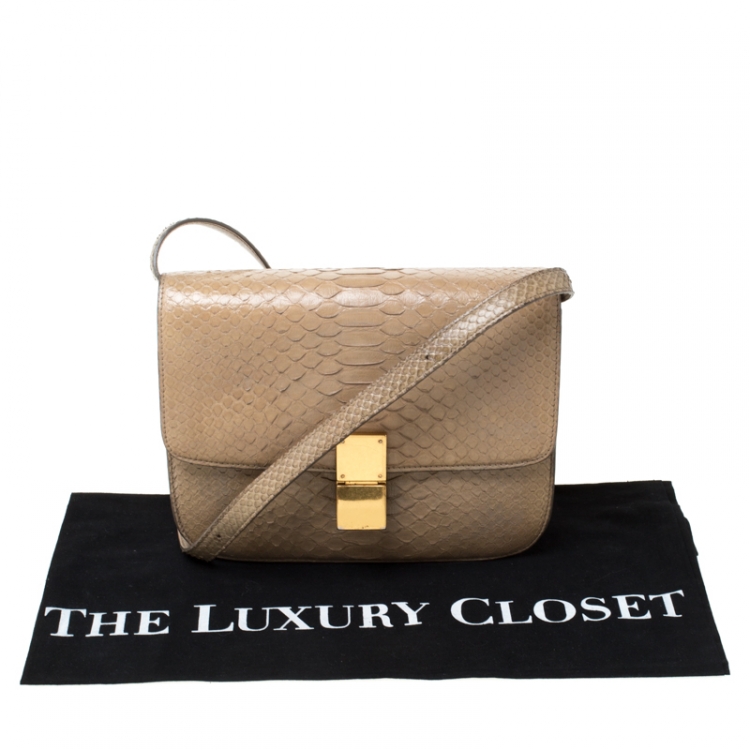 Pre Owned Celine Beige Python Medium Classic Box Shoulder Bag