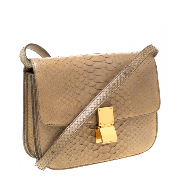 Pre Owned Celine Beige Python Medium Classic Box Shoulder Bag