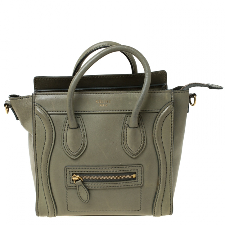 Pre Owned Celine Dark Lime Green Leather Nano Luggage Tote