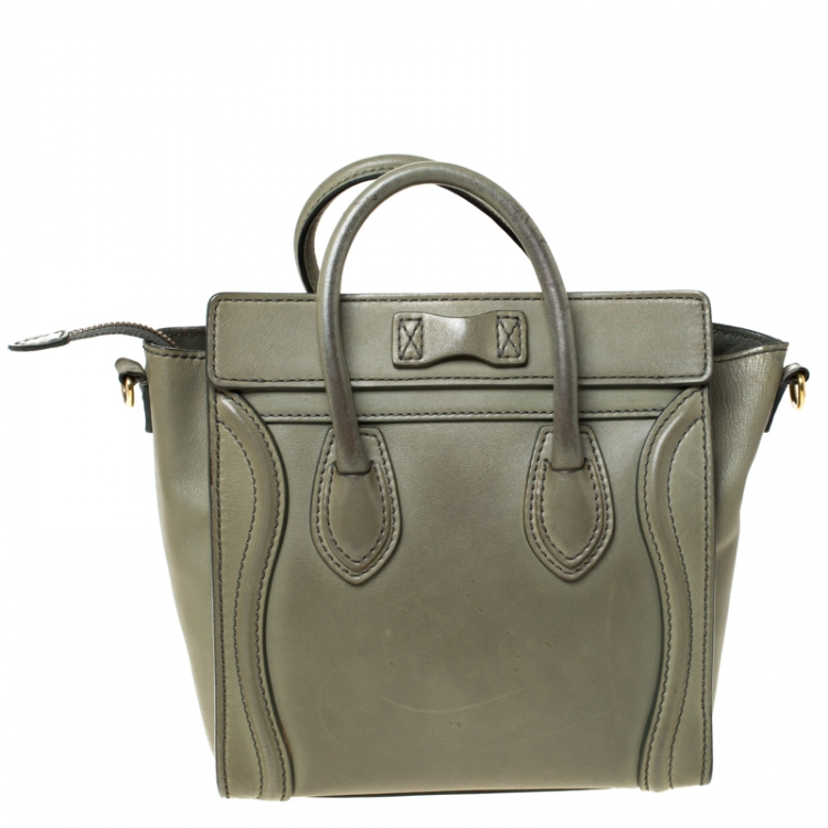 Pre Owned Celine Dark Lime Green Leather Nano Luggage Tote
