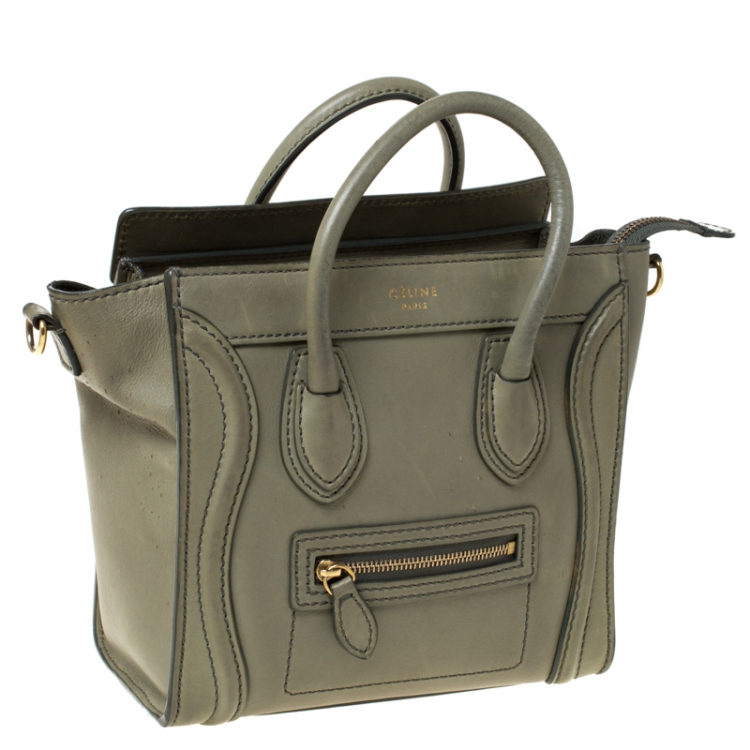 Pre Owned Celine Dark Lime Green Leather Nano Luggage Tote