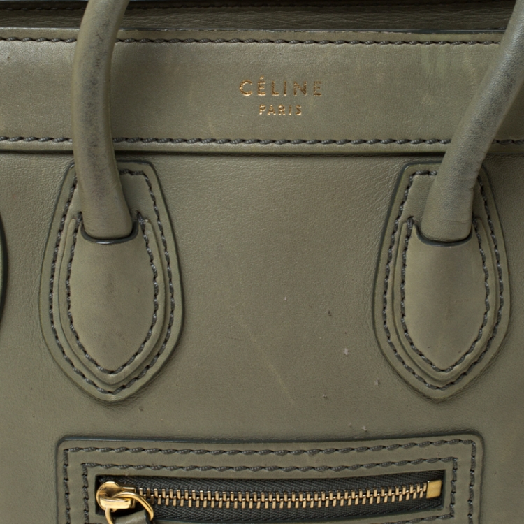 Pre Owned Celine Dark Lime Green Leather Nano Luggage Tote