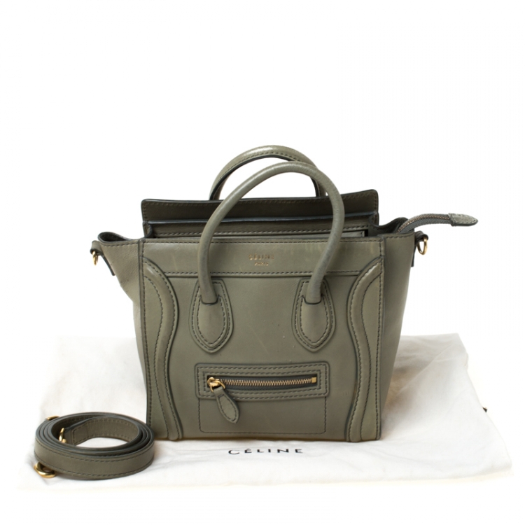 Pre Owned Celine Dark Lime Green Leather Nano Luggage Tote