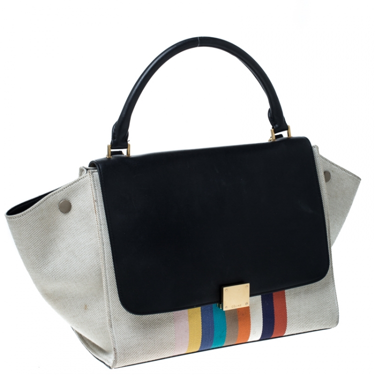 Pre Owned Celine Beige/Black Canvas and Leather Medium Trapeze Bag