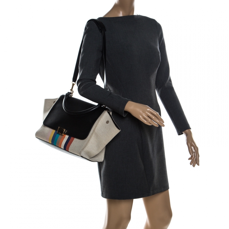Pre Owned Celine Beige/Black Canvas and Leather Medium Trapeze Bag