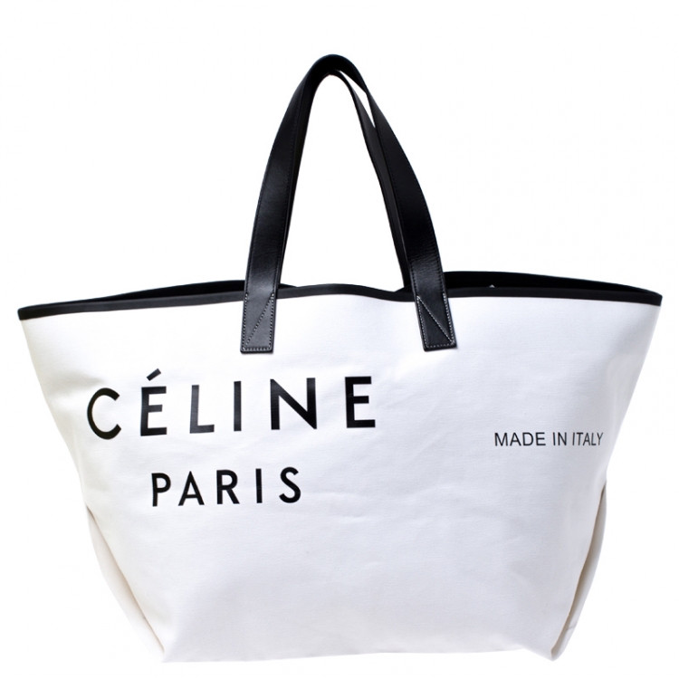 Celine White/Black Canvas and Leather Horizontal Cabas Tote Celine