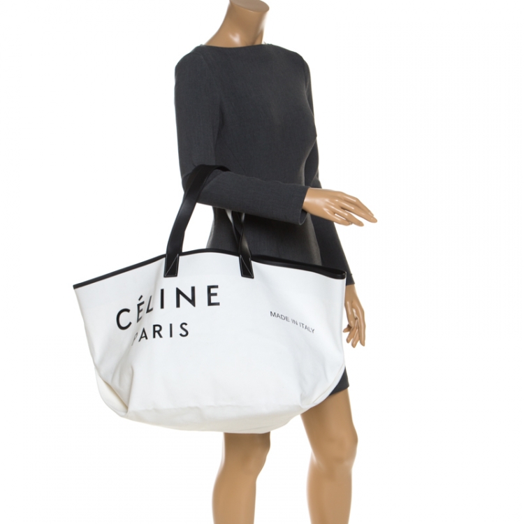 Celine White Canvas Leather Horizontal Cabas Tote Bag Celine