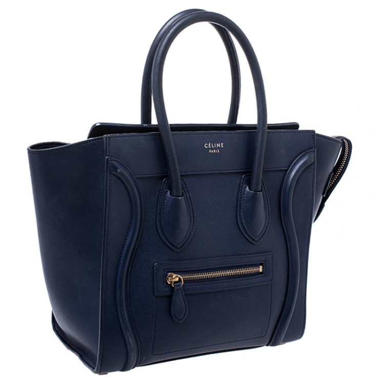 Pre Owned Celine Navy Blue Leather Micro Luggage Tote