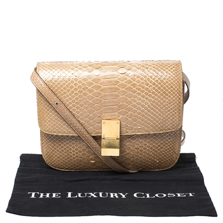 Pre Owned Celine Beige Python Medium Classic Box Shoulder Bag
