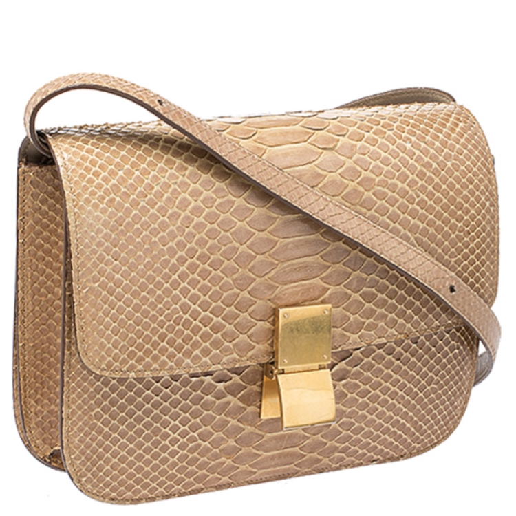 Pre Owned Celine Beige Python Medium Classic Box Shoulder Bag