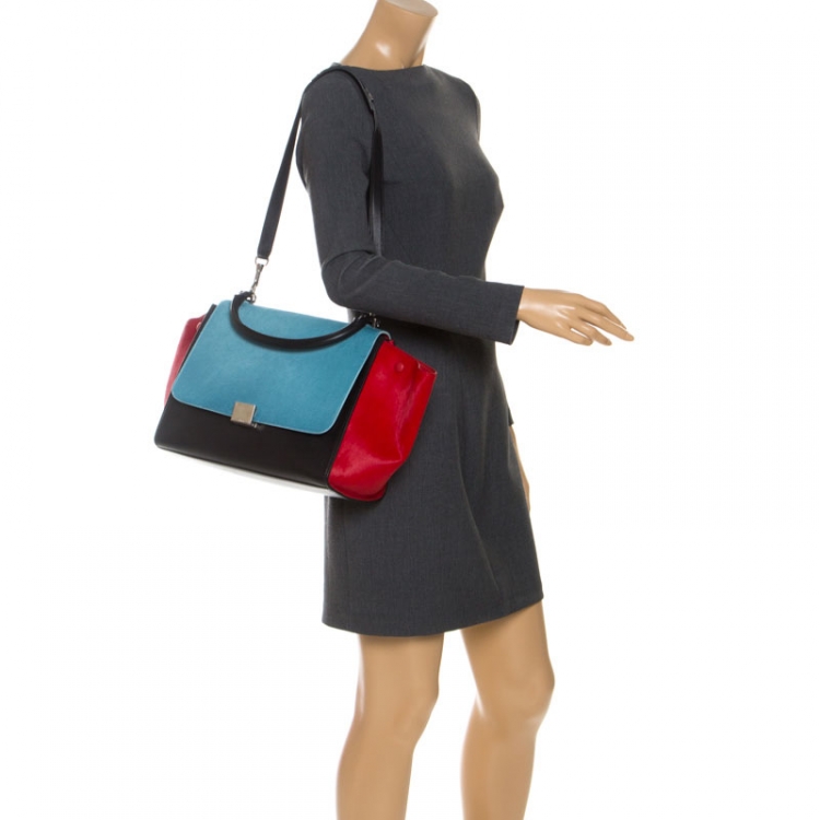 Pre Owned Celine Tricolor Leather and Calfhair Medium Trapeze Bag