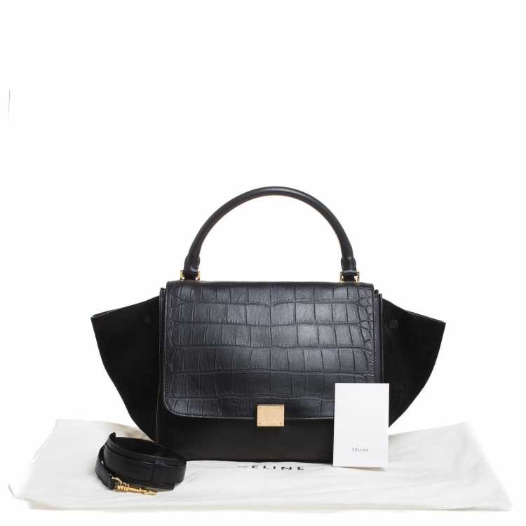 Pre Owned Celine Black Croc Embossed Leather and Suede Medium Trapeze Bag