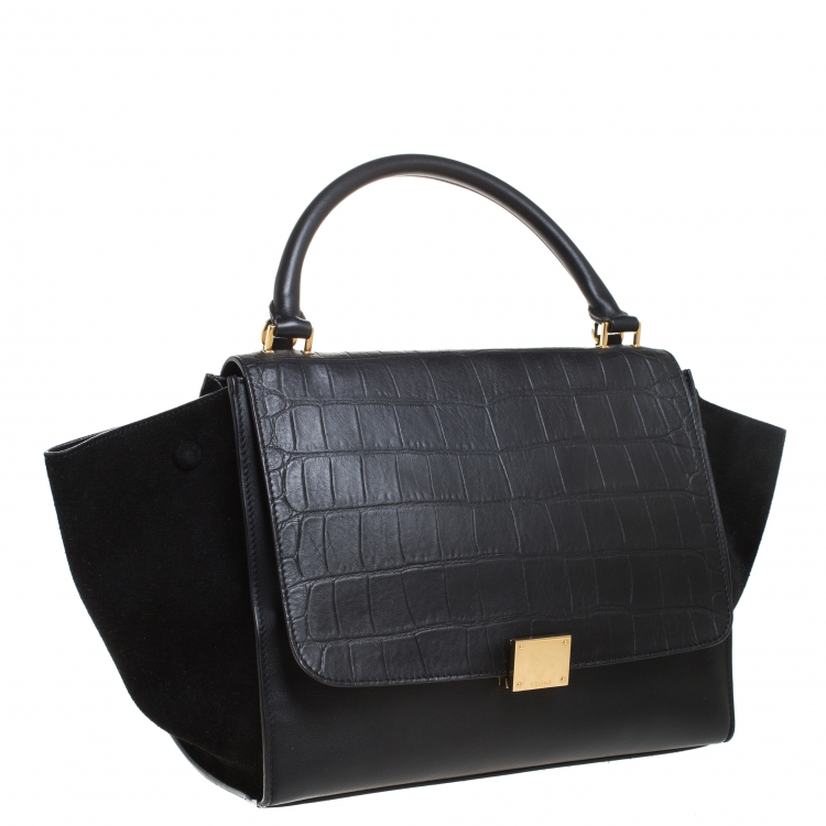 Pre Owned Celine Black Croc Embossed Leather and Suede Medium Trapeze Bag