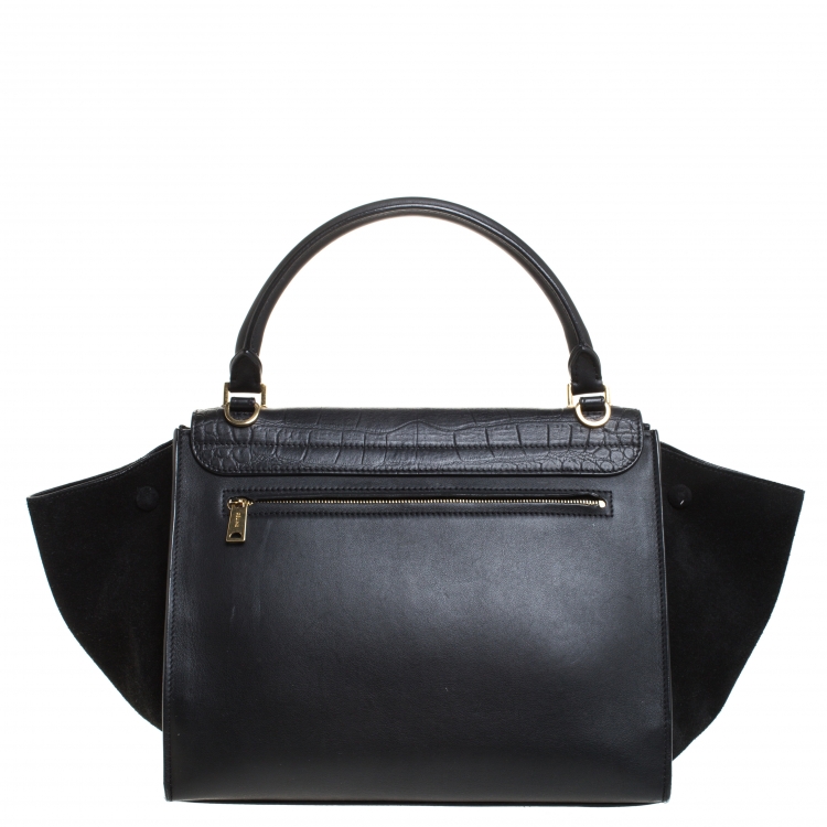 Pre Owned Celine Black Croc Embossed Leather and Suede Medium Trapeze Bag