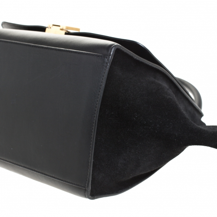 Pre Owned Celine Black Croc Embossed Leather and Suede Medium Trapeze Bag