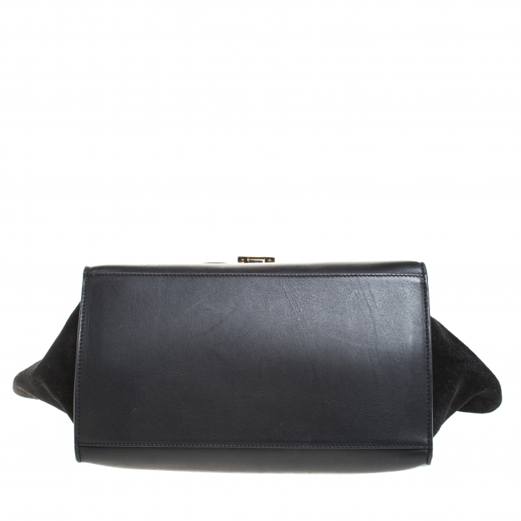 Pre Owned Celine Black Croc Embossed Leather and Suede Medium Trapeze Bag